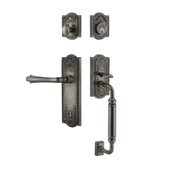 Meadows Handleset With C-Grip And Meadows Long Plate With Fleur Lever In Antique Pewter