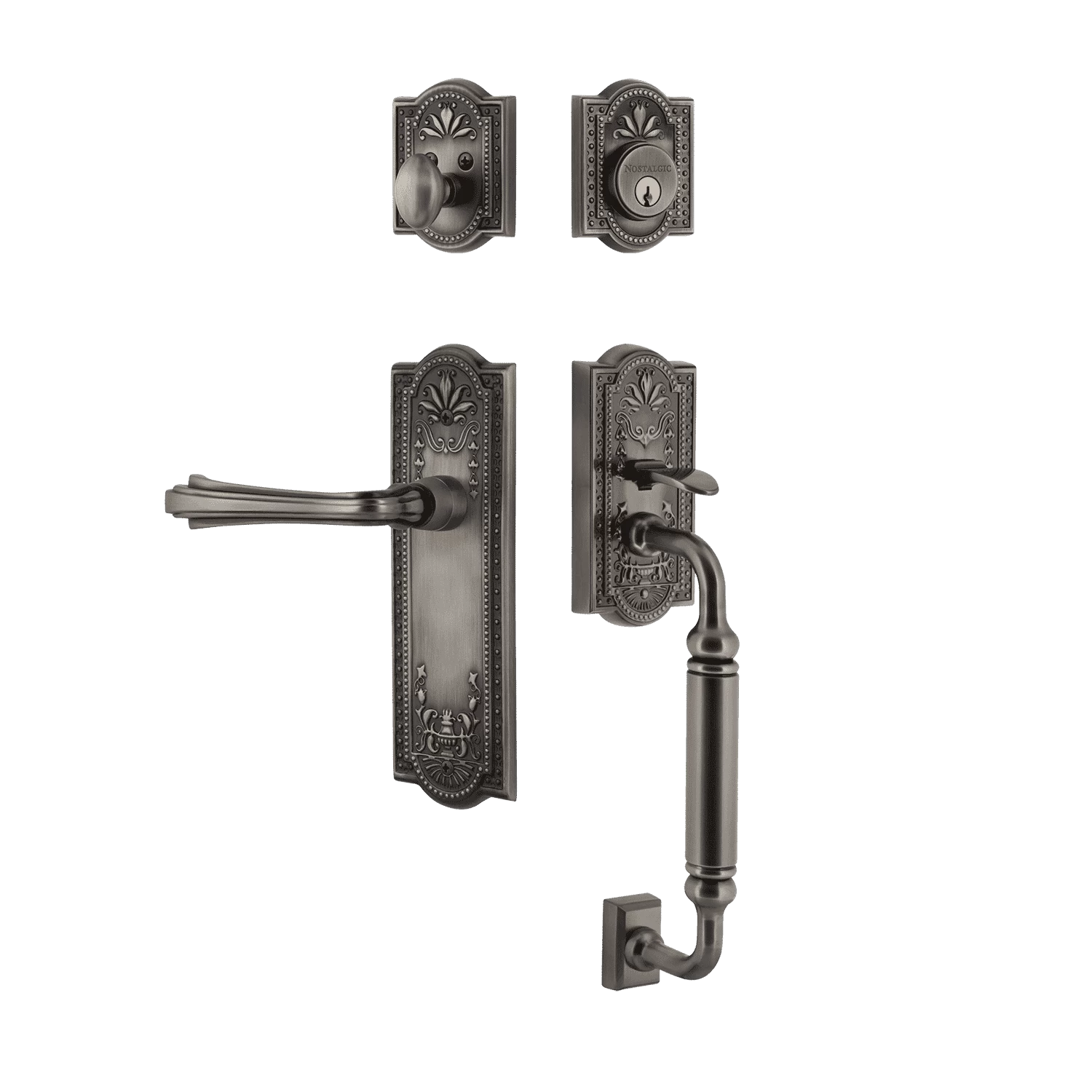 Meadows Handleset With C-Grip And Meadows Long Plate With Fleur Lever In Antique Pewter 3 Meadows Handleset With C-Grip And Meadows Long Plate With Fleur Lever In Antique Pewter