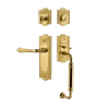 Meadows Handleset With C-Grip And Meadows Long Plate With Fleur Lever In Polished Brass