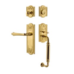 Meadows Handleset With C-Grip And Meadows Long Plate With Fleur Lever In Polished Brass