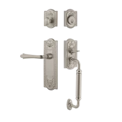 Meadows Handleset With C-Grip And Meadows Long Plate With Fleur Lever In Satin Nickel