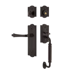 Meadows Handleset With C-Grip And Meadows Long Plate With Fleur Lever In Timeless Bronze