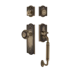 Meadows Handleset With C-Grip And Meadows Long Plate With Meadows Knob In Antique Brass