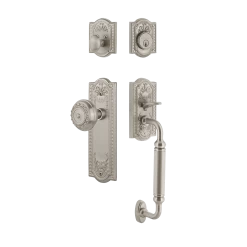 Meadows Handleset With C-Grip And Meadows Long Plate With Meadows Knob In Satin Nickel