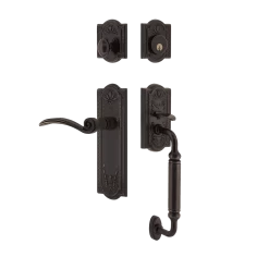 Meadows Handleset With C-Grip And Meadows Long Plate With Swan Lever In Timeless Bronze