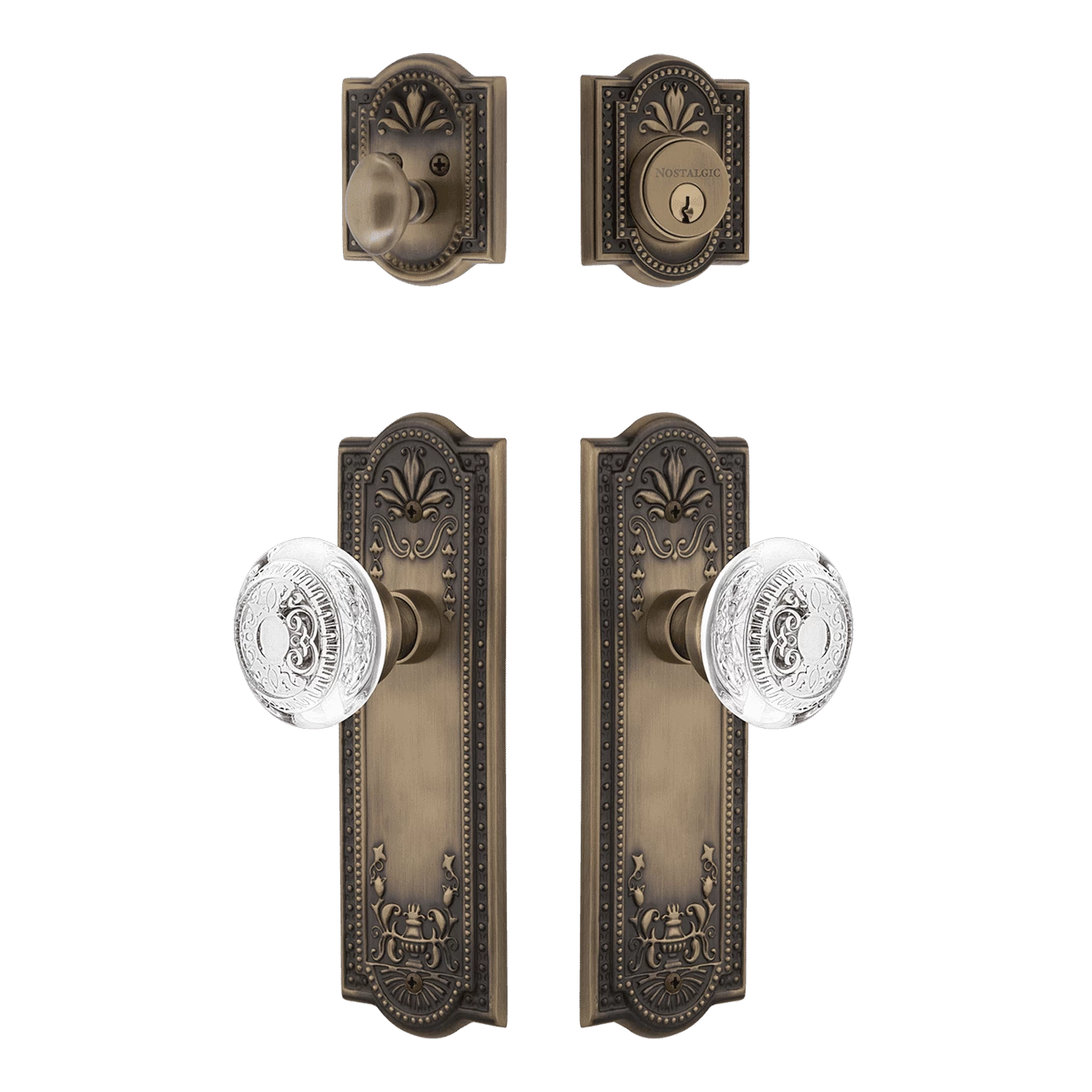 Meadows Entry Set With Crystal Egg & Dart Knob In Antique Brass 3 Meadows Entry Set With Crystal Egg & Dart Knob In Antique Brass