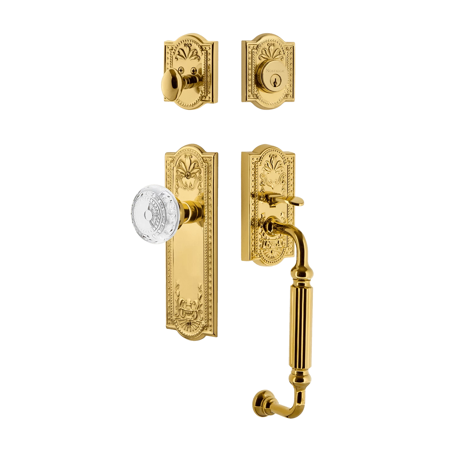 Meadows Handleset With F-Grip And Meadows Long Plate With Crystal Meadows Knob In Polished Brass 3 Meadows Handleset With F-Grip And Meadows Long Plate With Crystal Meadows Knob In Polished Brass