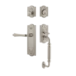 Meadows Handleset With F-Grip And Meadows Long Plate With Fleur Lever In Satin Nickel