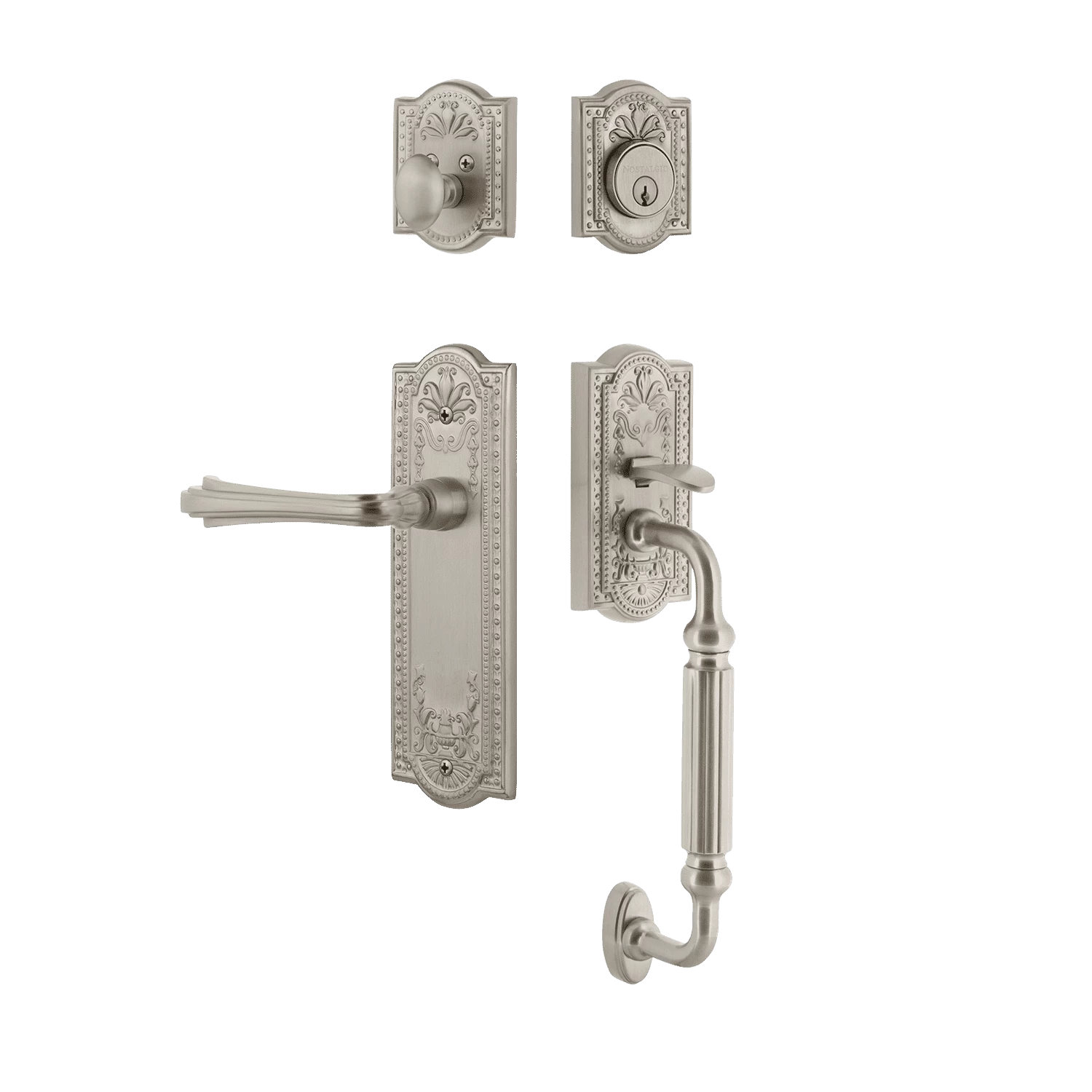 Meadows Handleset With F-Grip And Meadows Long Plate With Fleur Lever In Satin Nickel 3 Meadows Handleset With F-Grip And Meadows Long Plate With Fleur Lever In Satin Nickel