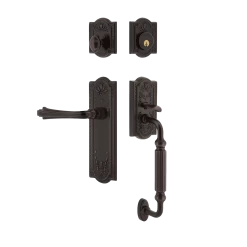 Meadows Handleset With F-Grip And Meadows Long Plate With Fleur Lever In Timeless Bronze