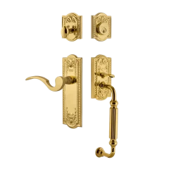 Meadows Handleset With F-Grip And Meadows Long Plate With Manor Lever In Polished Brass