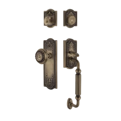 Meadows Handleset With F-Grip And Meadows Long Plate With Meadows Knob In Antique Brass