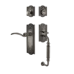 Meadows Handleset With F-Grip And Meadows Long Plate With Swan Lever In Antique Pewter