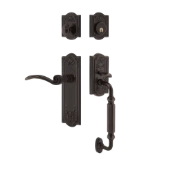 Meadows Handleset With F-Grip And Meadows Long Plate With Swan Lever In Timeless Bronze