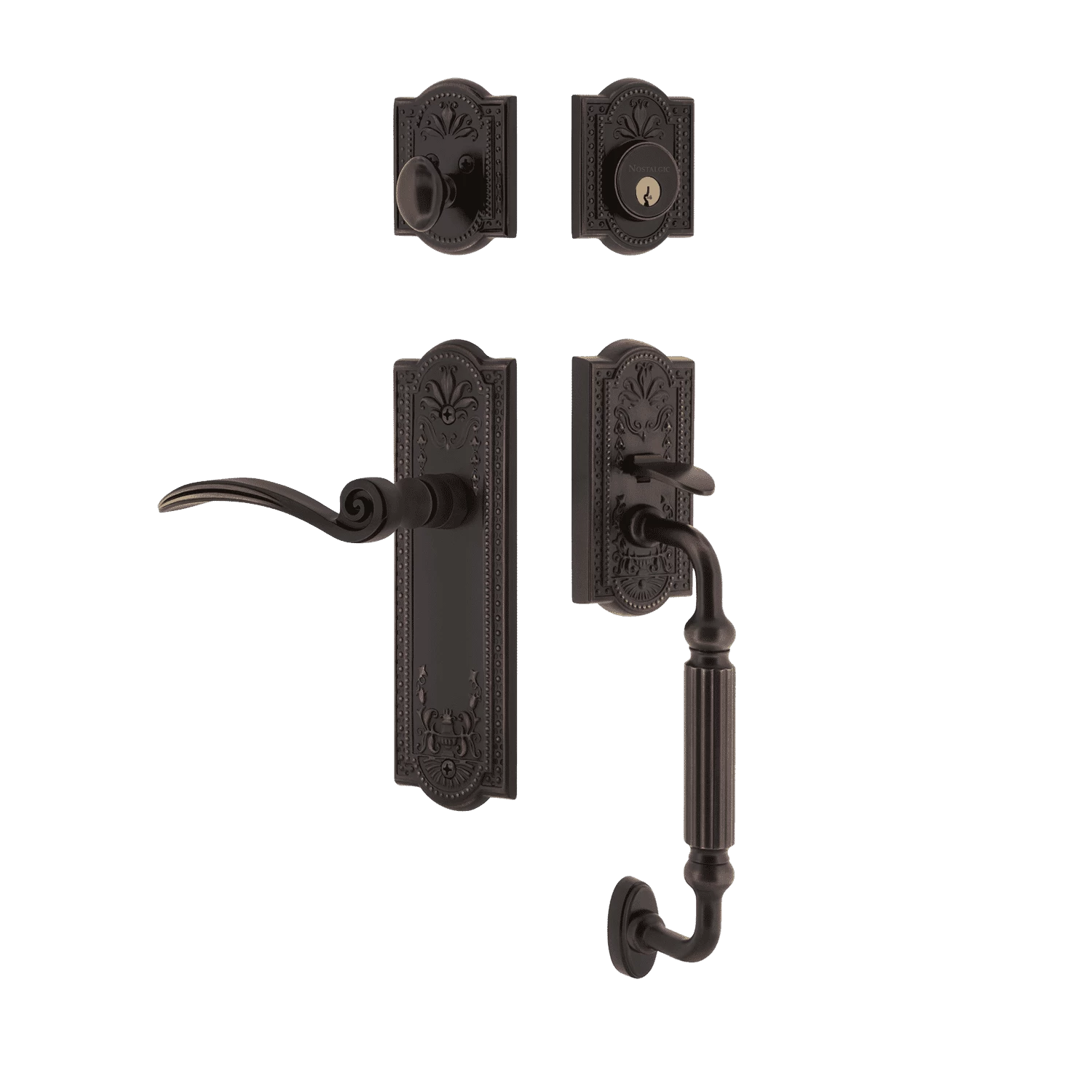 Meadows Handleset With F-Grip And Meadows Long Plate With Swan Lever In Timeless Bronze 3 Meadows Handleset With F-Grip And Meadows Long Plate With Swan Lever In Timeless Bronze