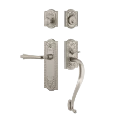 Meadows Handleset With S-Grip And Meadows Long Plate With Fleur Lever In Satin Nickel