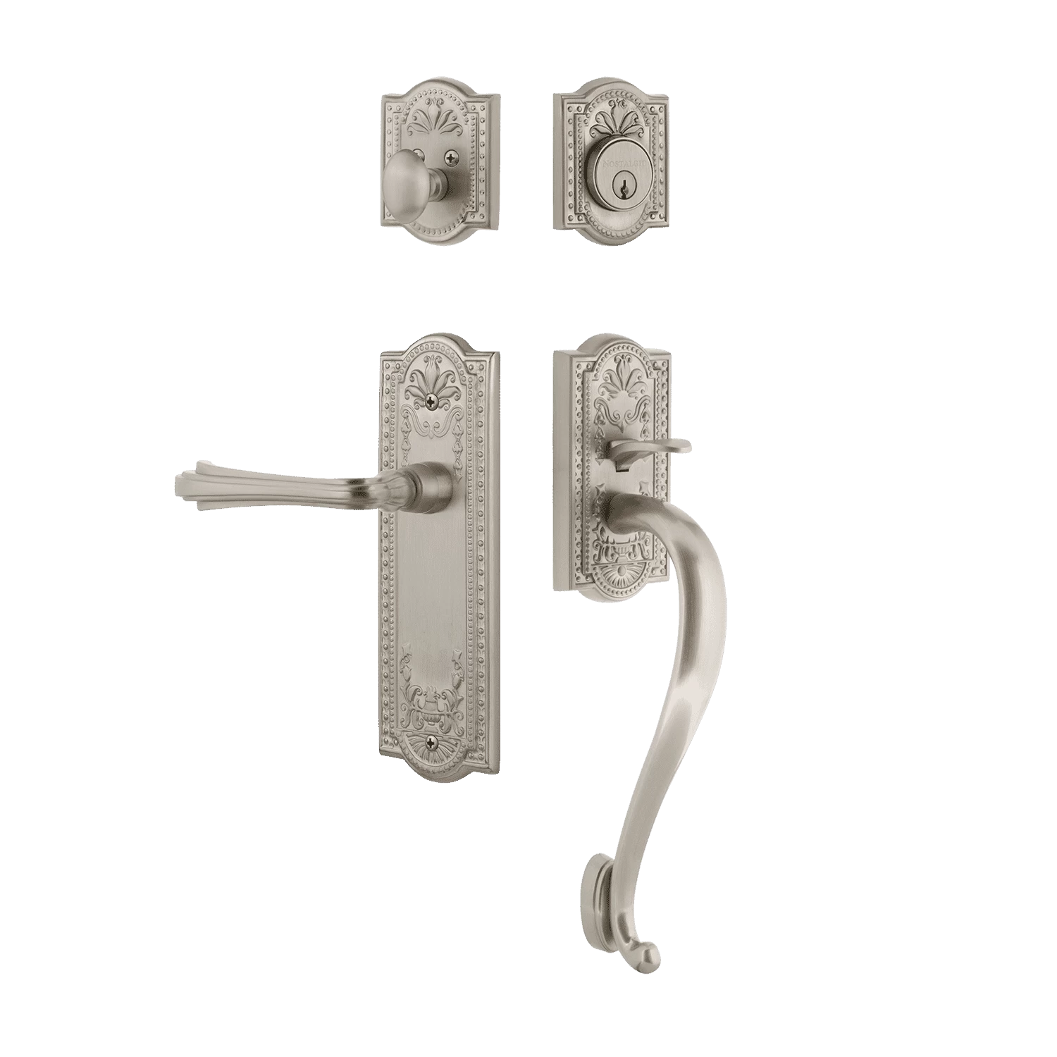 Meadows Handleset With S-Grip And Meadows Long Plate With Fleur Lever In Satin Nickel 3 Meadows Handleset With S-Grip And Meadows Long Plate With Fleur Lever In Satin Nickel
