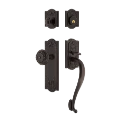 Meadows Handleset With S-Grip And Meadows Long Plate With Meadows Knob In Timeless Bronze