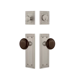 Mission Entry Set With Brown Porcelain Knob In Satin Nickel