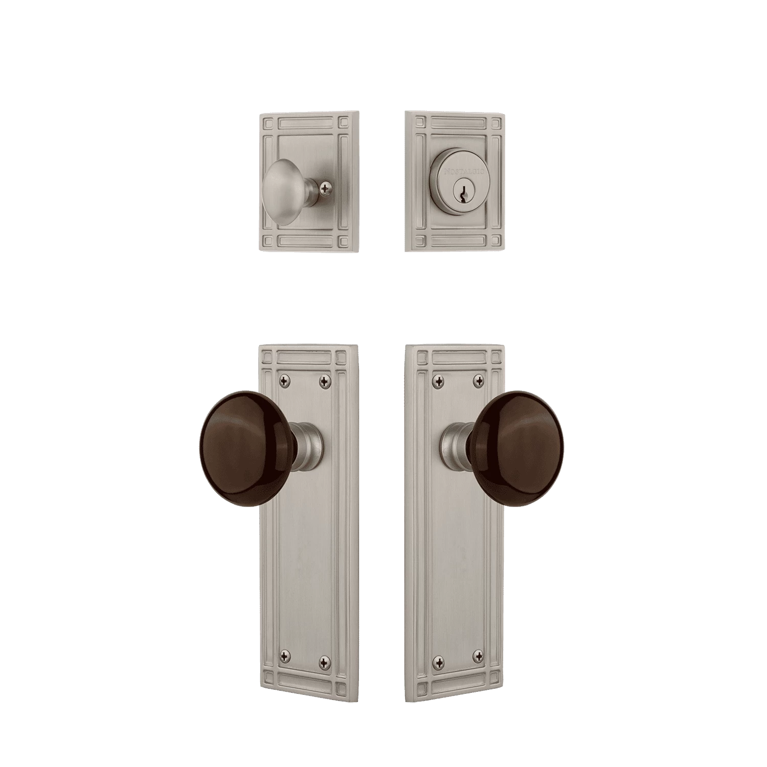 Mission Entry Set With Brown Porcelain Knob In Satin Nickel 3 Mission Entry Set With Brown Porcelain Knob In Satin Nickel