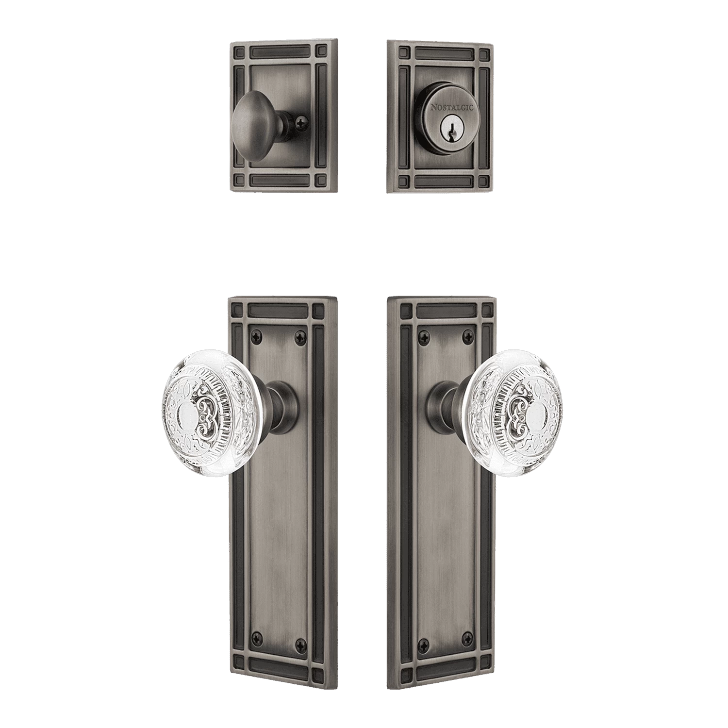 Mission Entry Set With Crystal Egg & Dart Knob In Antique Pewter 3 Mission Entry Set With Crystal Egg & Dart Knob In Antique Pewter