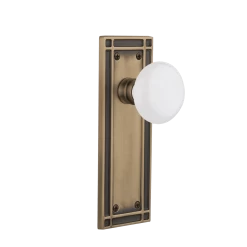 Mission Long Plate With White Porcelain Knob In Antique Brass