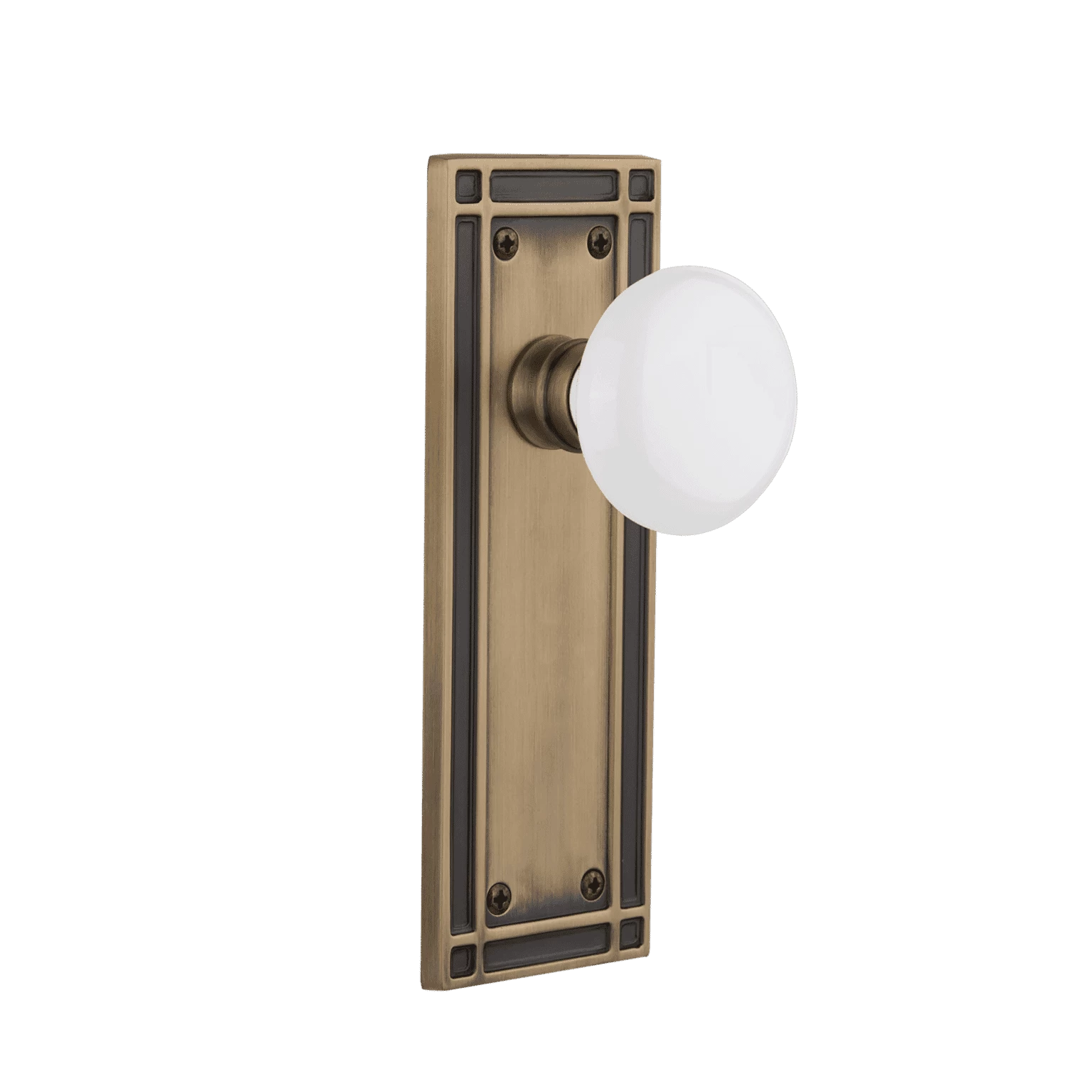 Mission Long Plate With White Porcelain Knob In Antique Brass 3 Mission Long Plate With White Porcelain Knob In Antique Brass