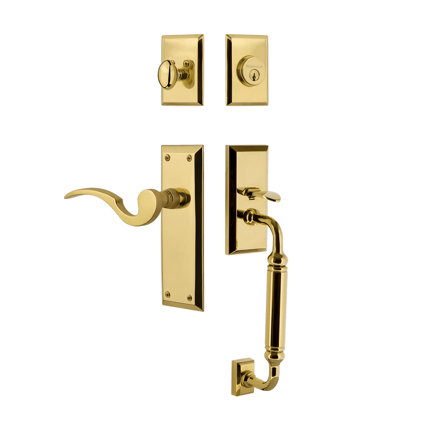 New York Handleset With C-Grip And New York Long Plate With Manor Lever In Polished Brass 3 New York Handleset With C-Grip And New York Long Plate With Manor Lever In Polished Brass
