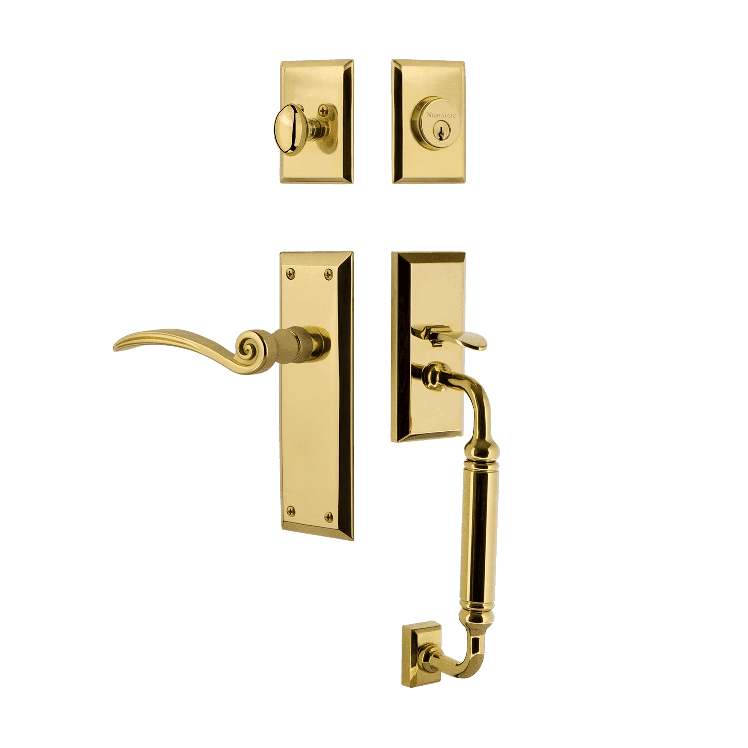 New York Handleset With C-Grip And New York Long Plate With Swan Lever In Polished Brass 3 New York Handleset With C-Grip And New York Long Plate With Swan Lever In Polished Brass