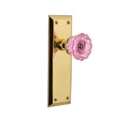 New York Long Plate With Pink Crystal Knob In Polished Brass