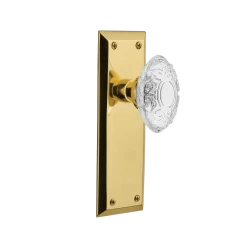 New York Long Plate With Crystal Victorian Knob In Unlacquered Brass
