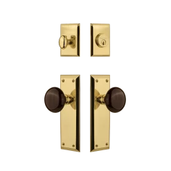 New York Entry Set With Brown Porcelain Knob In Unlacquered Brass