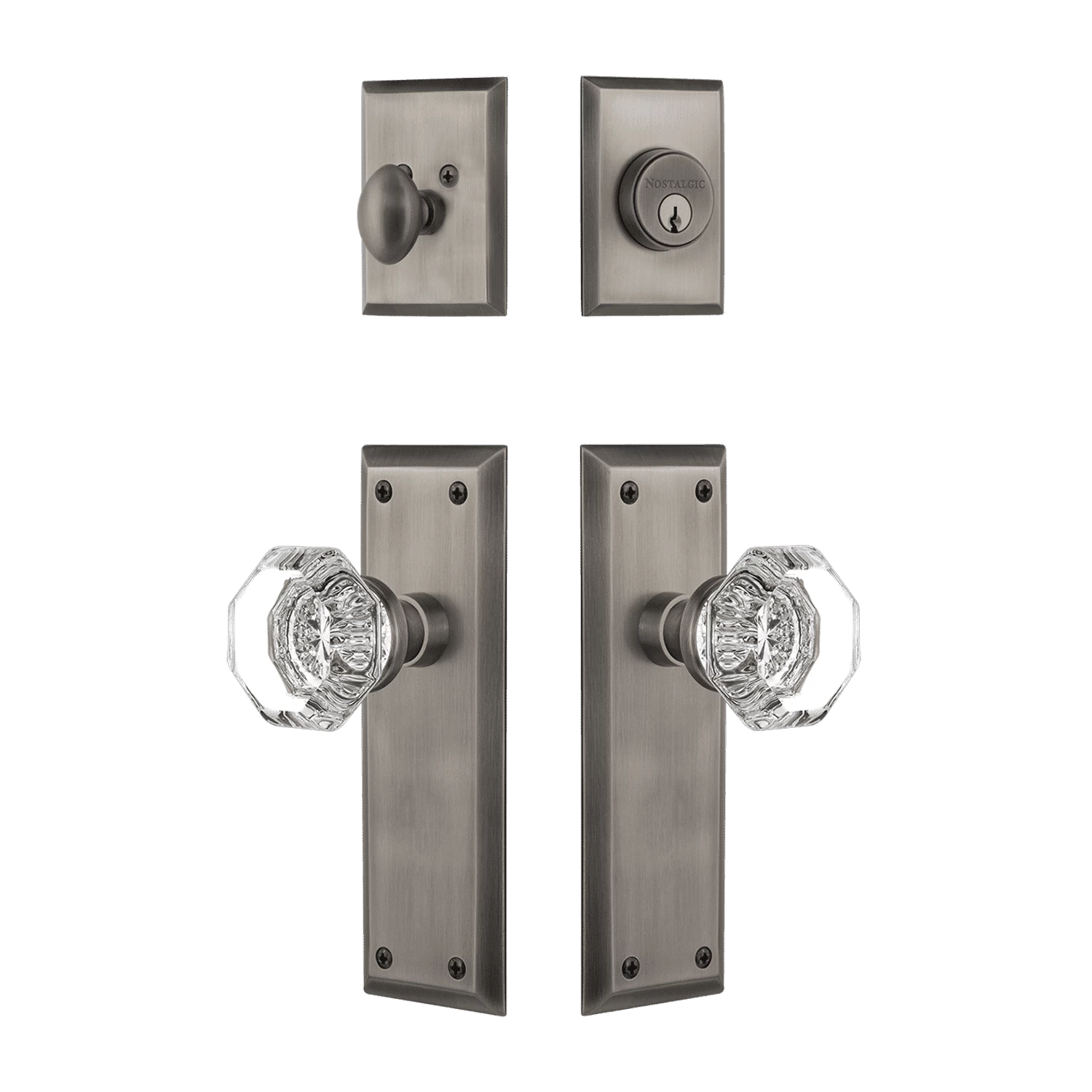 New York Entry Set With Waldorf Crystal Knob In Antique Pewter 3 New York Entry Set With Waldorf Crystal Knob In Antique Pewter