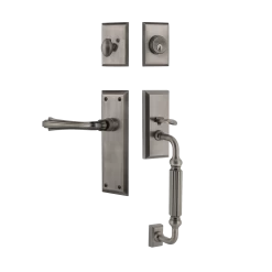 New York Handleset With F-Grip And New York Long Plate With Fleur Lever In Antique Pewter