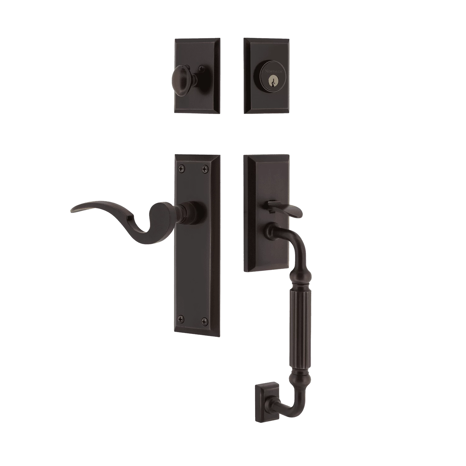 New York Handleset With F-Grip And New York Long Plate With Manor Lever In Timeless Bronze 3 New York Handleset With F-Grip And New York Long Plate With Manor Lever In Timeless Bronze