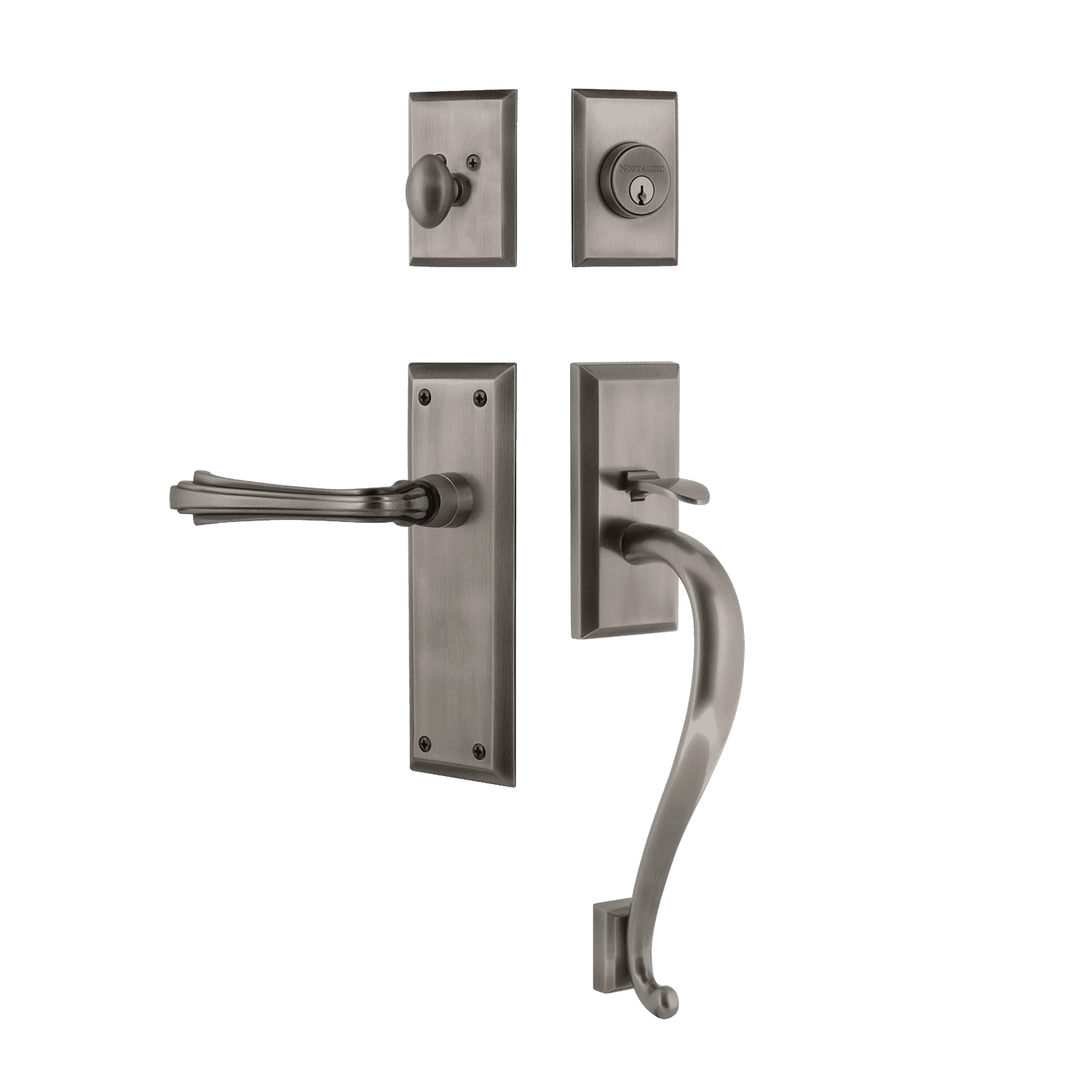 New York Handleset With S-Grip And New York Long Plate With Fleur Lever In Antique Pewter 3 New York Handleset With S-Grip And New York Long Plate With Fleur Lever In Antique Pewter