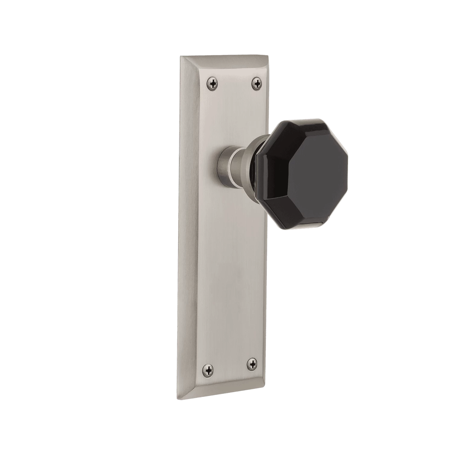 New York Long Plate With Black Waldorf Knob In Satin Nickel 3 New York Long Plate With Black Waldorf Knob In Satin Nickel