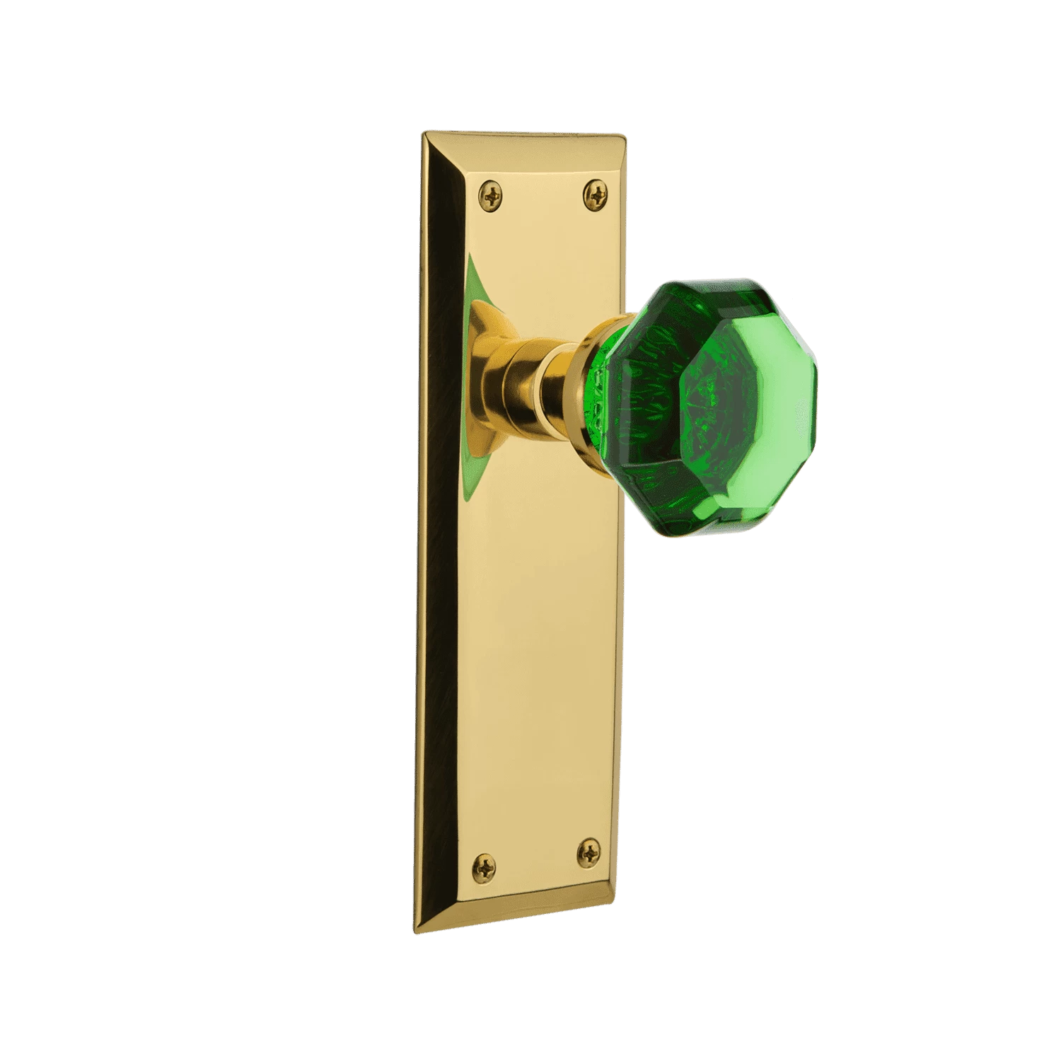 New York Long Plate With Emerald Waldorf Knob In Polished Brass 3 New York Long Plate With Emerald Waldorf Knob In Polished Brass