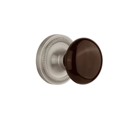Rope Rosette With Brown Porcelain Knob In Satin Nickel