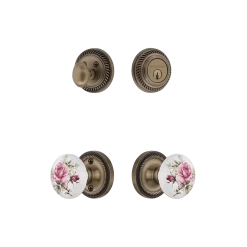 Rope Rosette Entry Set With White Rose Porcelain Knob In Antique Brass