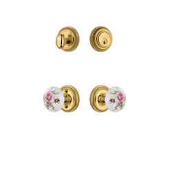Rope Rosette Entry Set With White Rose Porcelain Knob In Unlacquered Brass