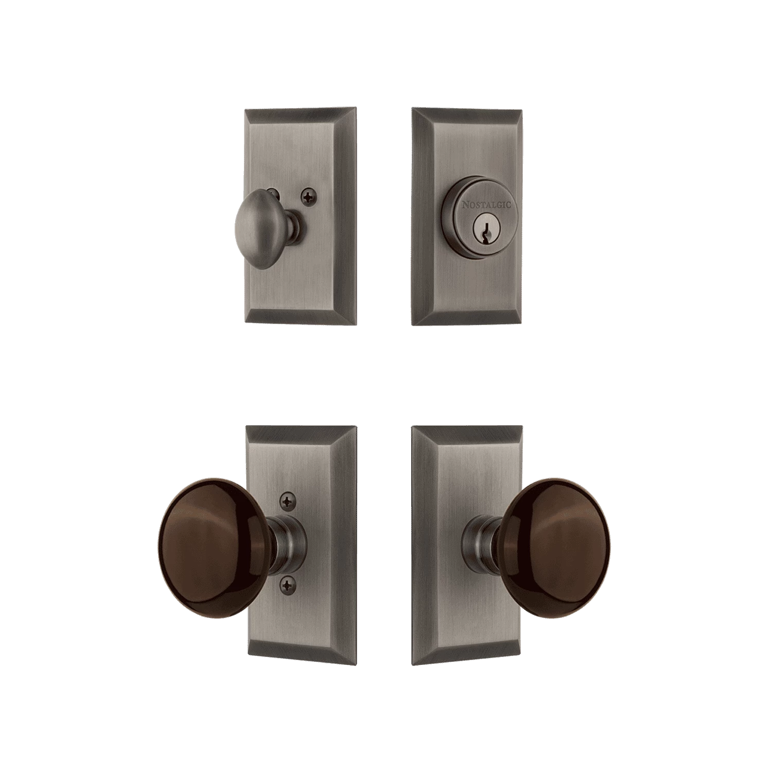 Studio Entry Set With Brown Porcelain Knob In Antique Pewter 3 Studio Entry Set With Brown Porcelain Knob In Antique Pewter