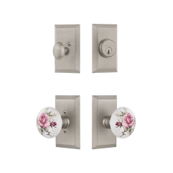 Studio Entry Set With White Rose Porcelain Knob In Satin Nickel