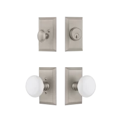 Studio Entry Set With White Porcelain Knob In Satin Nickel