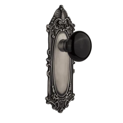 Victorian Long Plate With Black Porcelain Knob In Antique Pewter