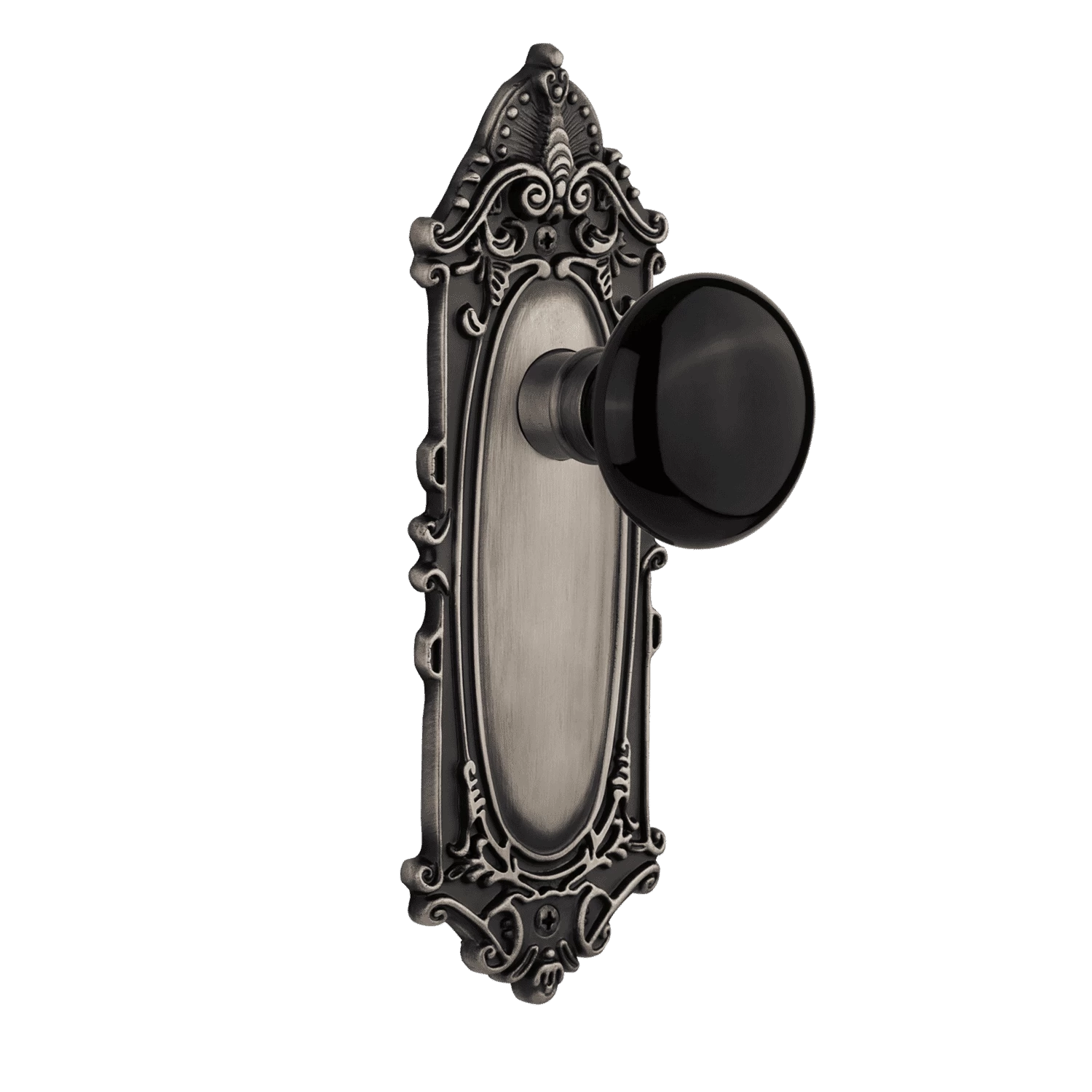 Victorian Long Plate With Black Porcelain Knob In Antique Pewter 3 Victorian Long Plate With Black Porcelain Knob In Antique Pewter