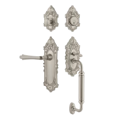Victorian Plate C Grip Entry Set Fleur Lever In Satin Nickel
