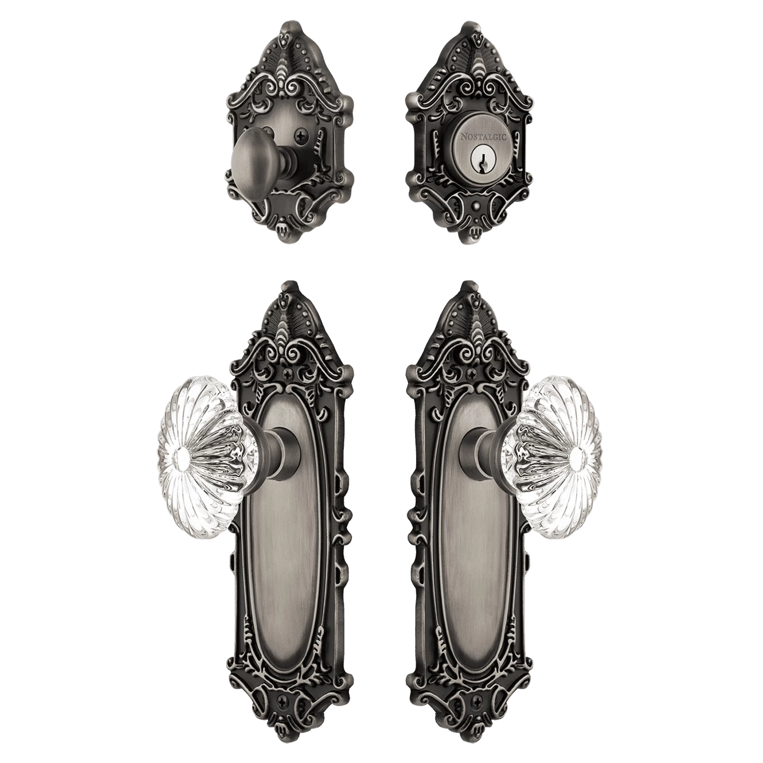 Victorian Entry Set With Oval Fluted Crystal In Antique Pewter 3 Victorian Entry Set With Oval Fluted Crystal In Antique Pewter
