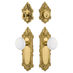 Victorian Entry Set With White Porcelain Knob In Polished Brass