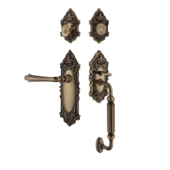 Victorian Plate F Grip Entry Set Fleur Lever In Antique Brass